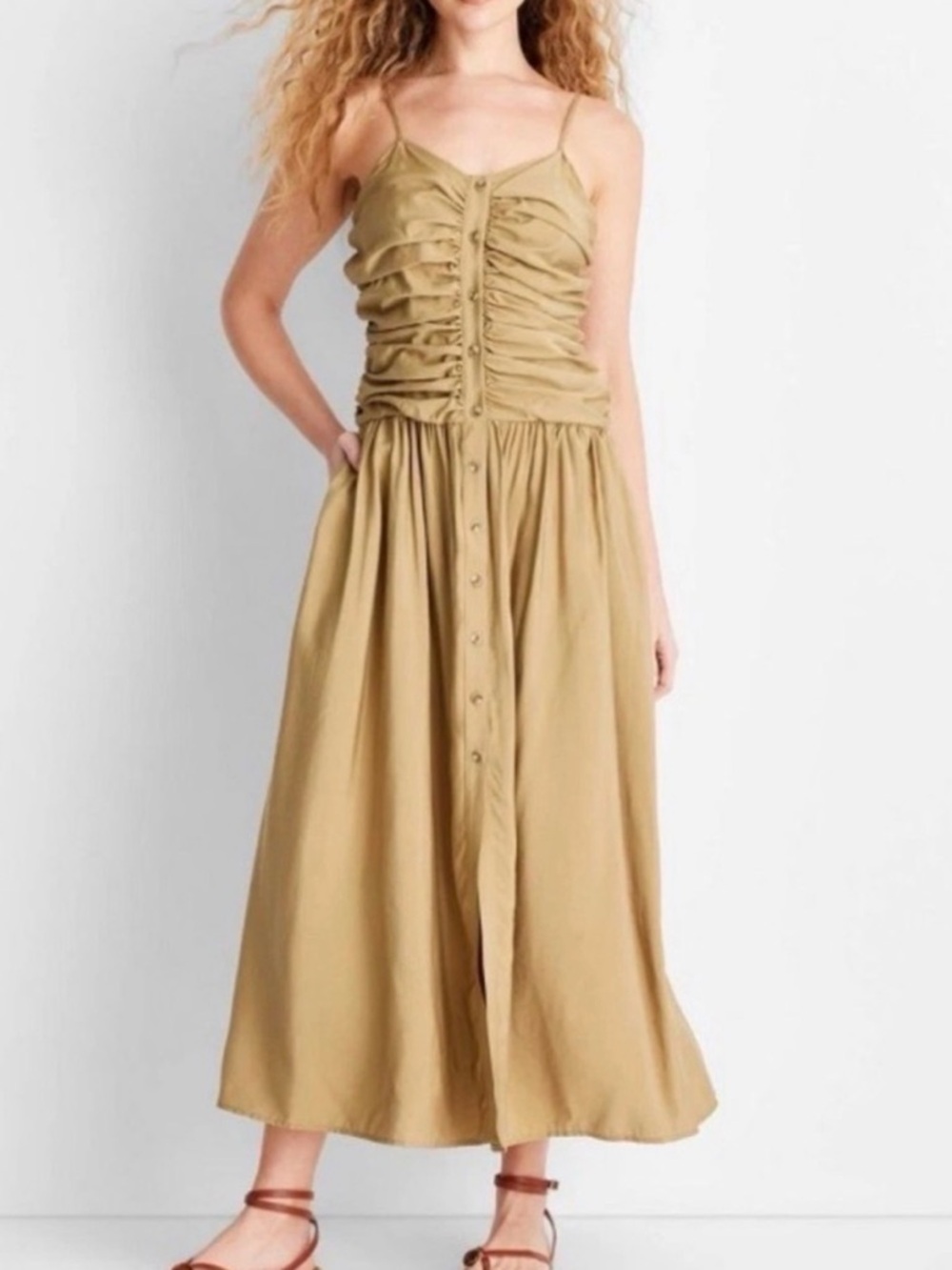 Ruched Button-Front Maxi Dress in Khaki